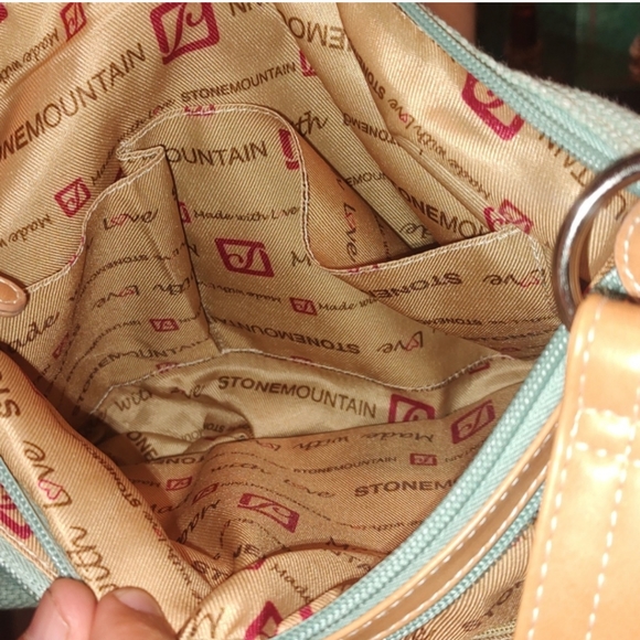 STONE MOUNTAIN SEA GREENISH BLUE CANVAS W/ TAN TRIM SHOULDER BAG & WALLET - Picture 5 of 16